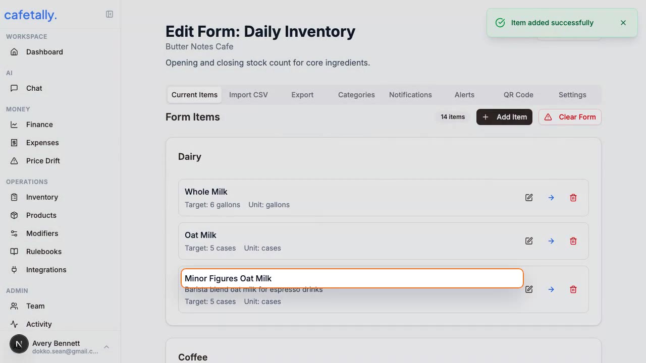 Daily inventory form builder with grouped stock items and editable count fields.