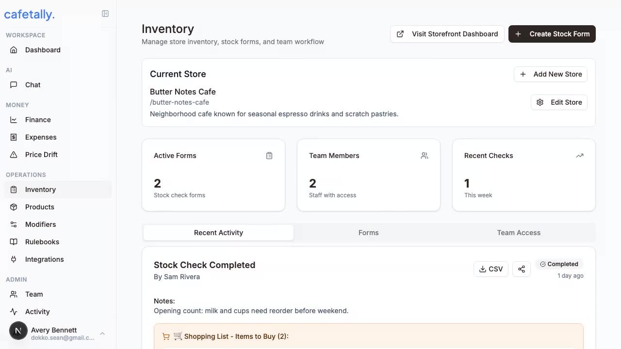Stock dashboard overview with active forms, recent checks, and current store context.
