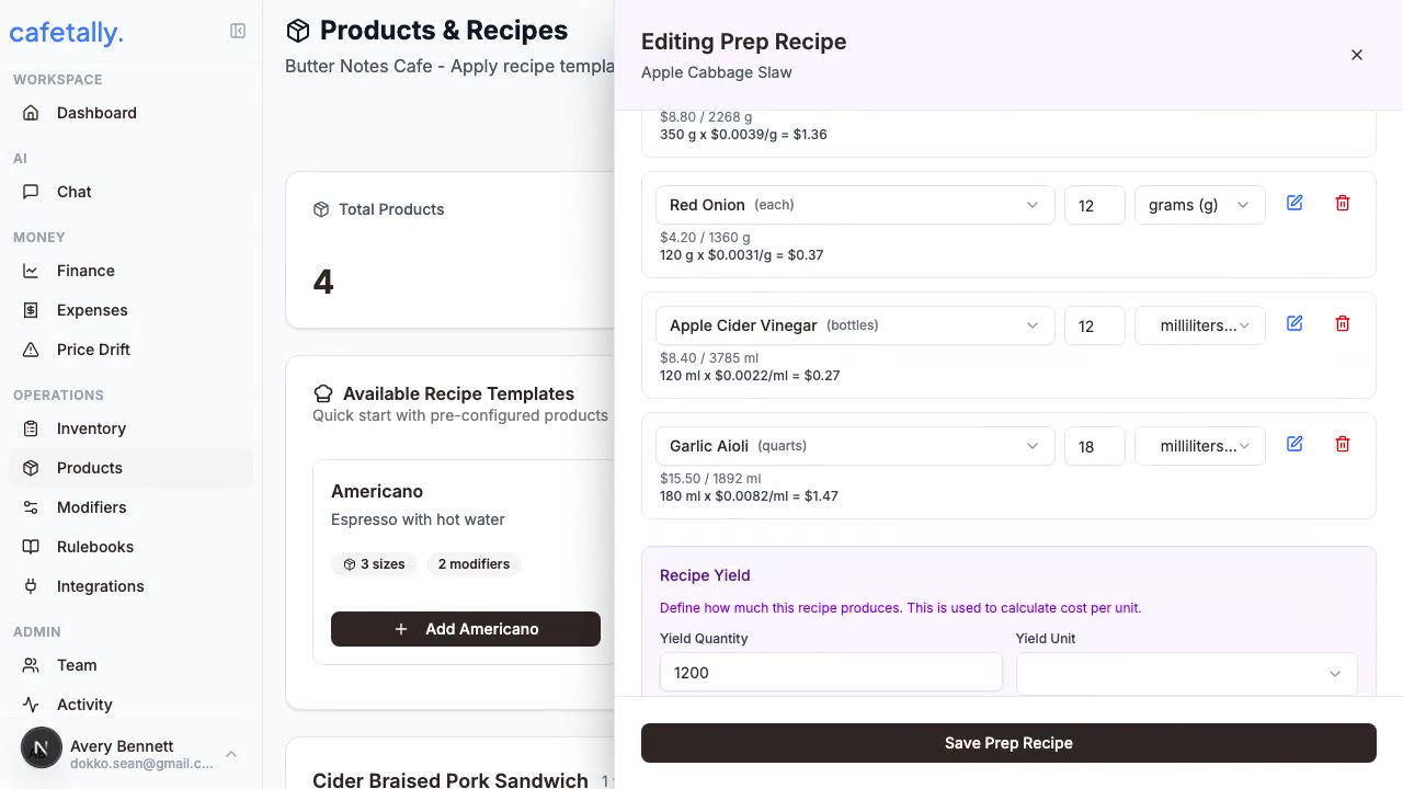 Ingredient cost editing view for matching purchased items to product recipes.