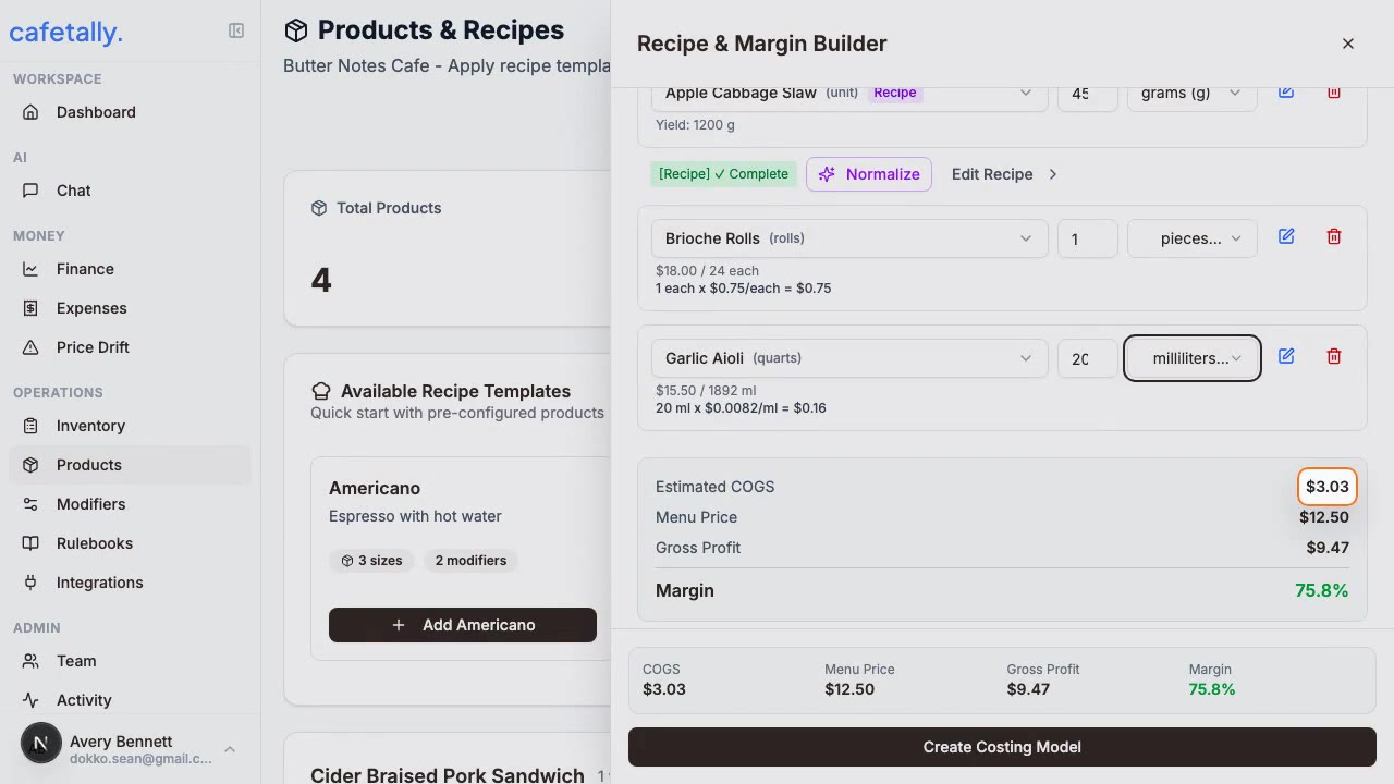 Margin review view showing selling price, COGS, and margin output after recipe changes.