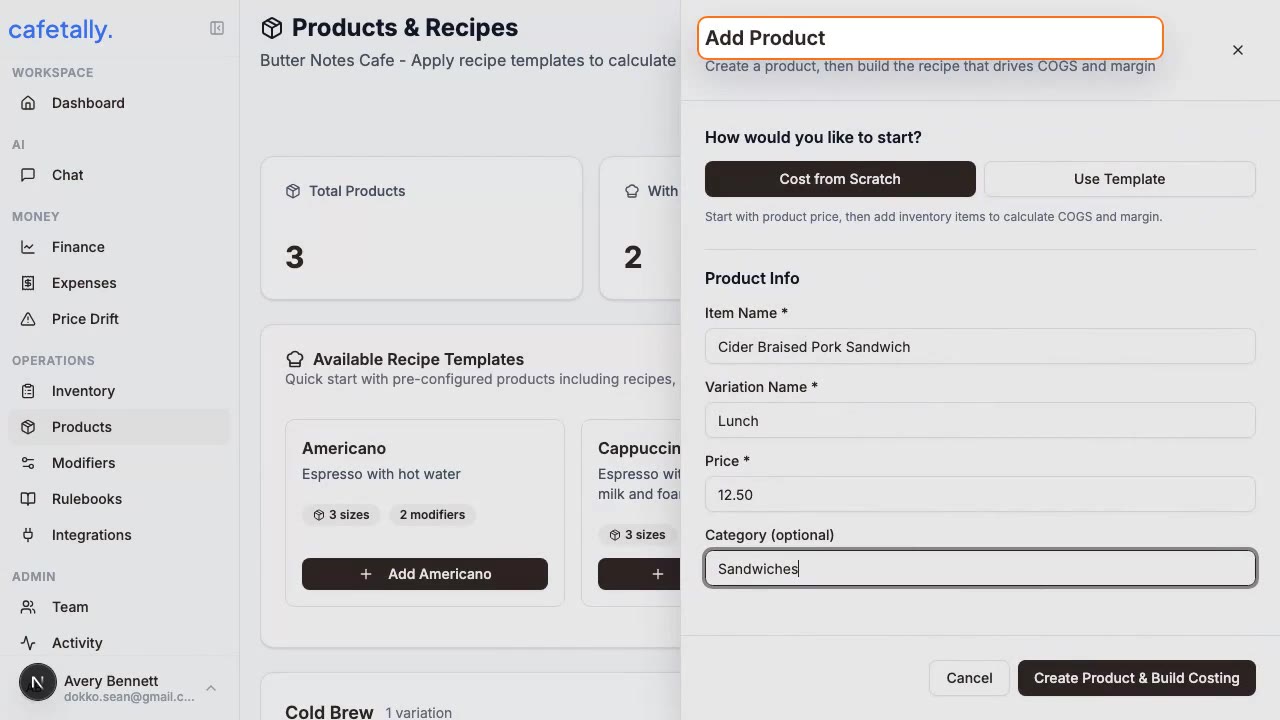 Products and recipes list showing tracked products, available templates, and margin entry points.