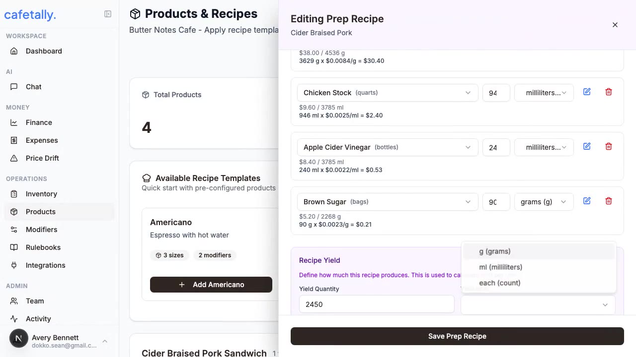Recipe builder panel with ingredient rows, quantities, units, and save controls.
