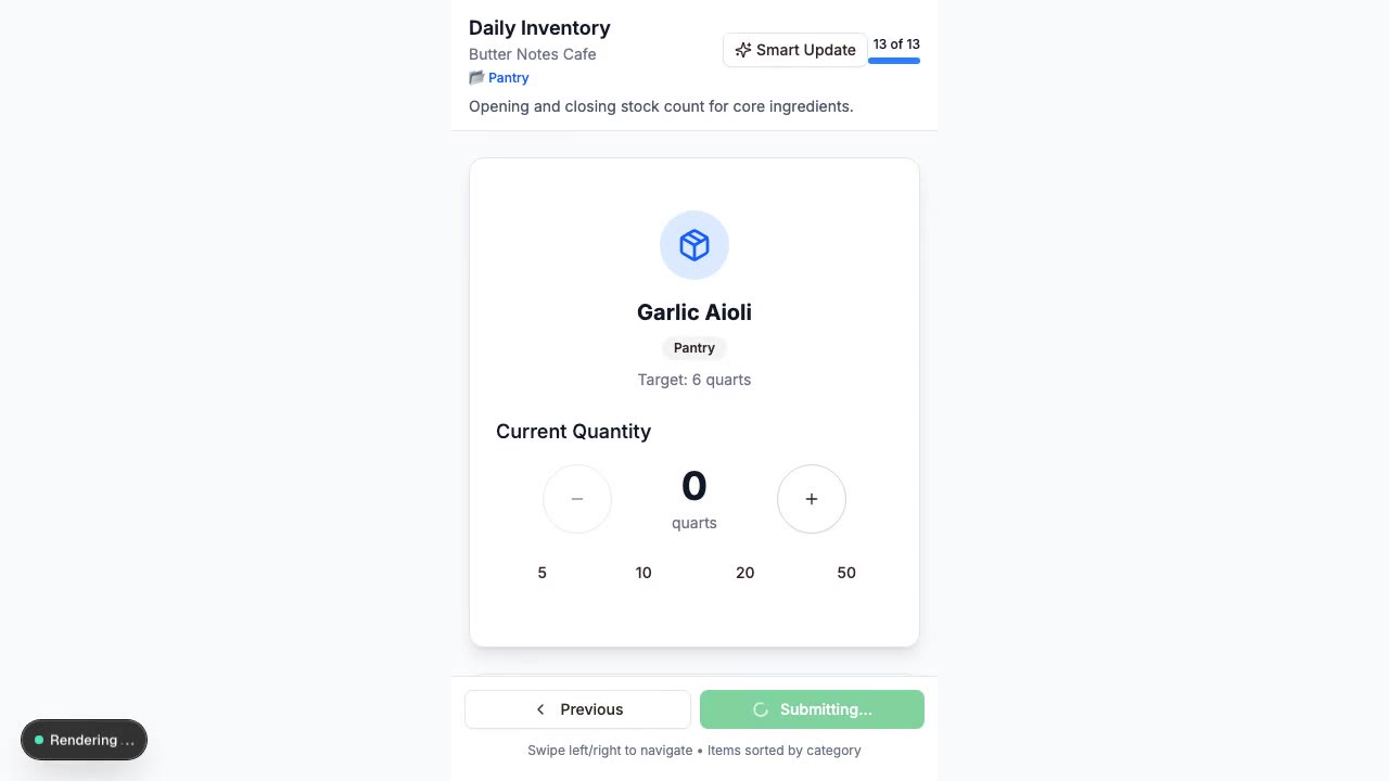 Mobile count step opened from a QR workflow with item quantity controls.