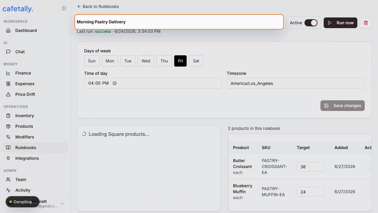 Rulebook product selection with Square products loaded into the automation builder.